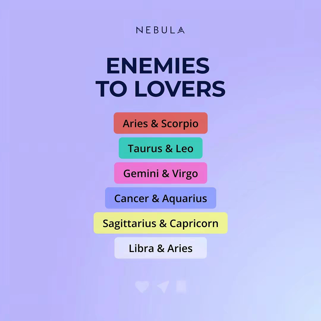 NEBULA
ENEMIES
TO LOVERS

Aries & Scorpio
Taurus & Leo
Gemin
